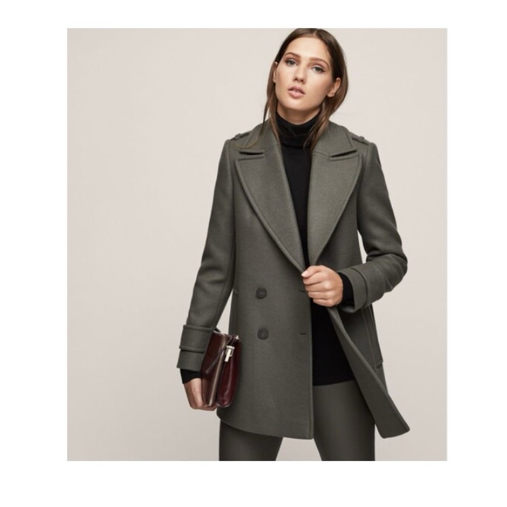 Reiss Sage Green Maida Double-Breasted Peacoat Winter Wool Coat, Size US 2/UK 6